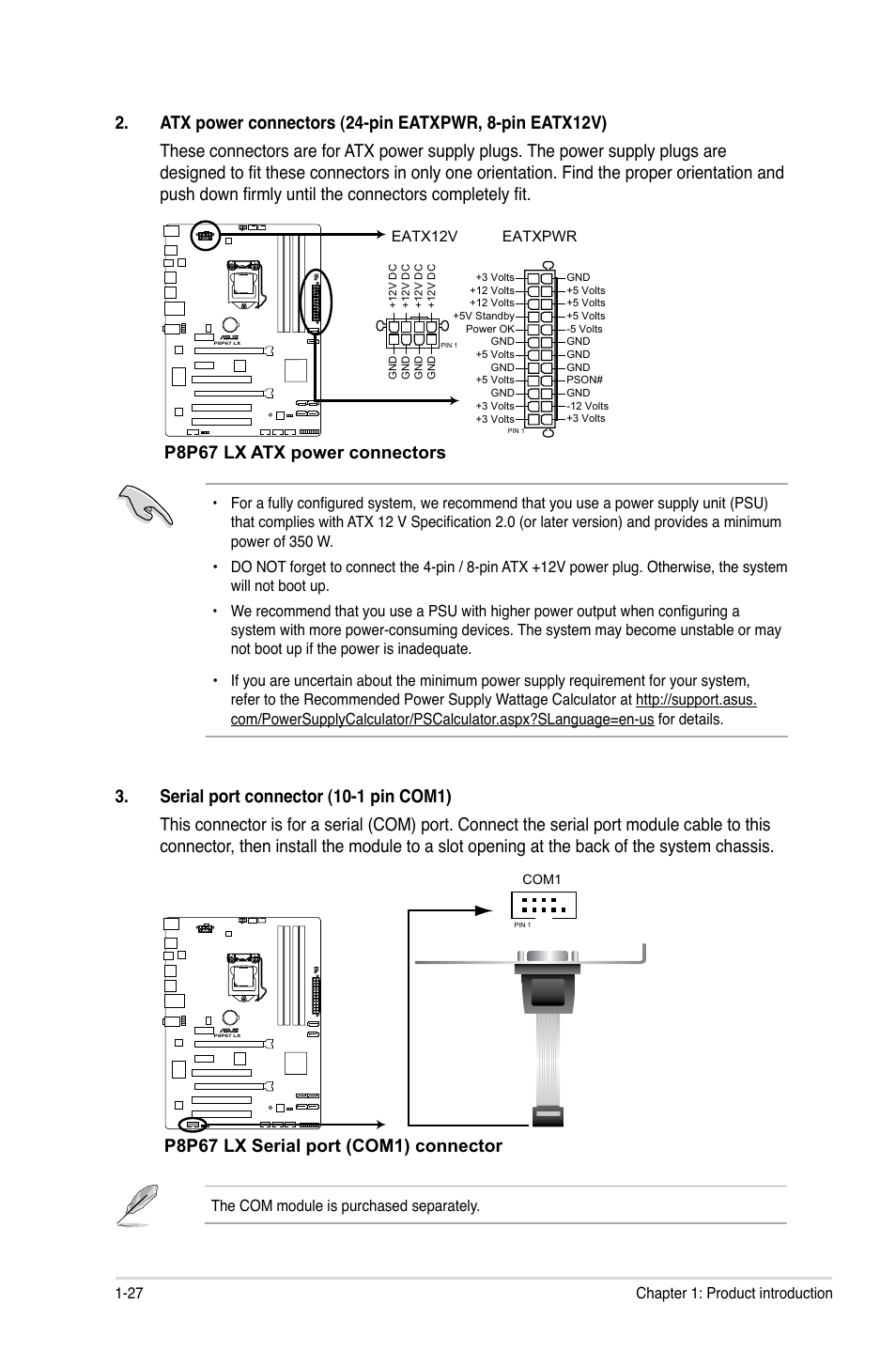 P8p67 lx atx power connectors, P8p67 lx serial port (com1) connector | Asus P8P67 LX User Manual | Page 38 / 77