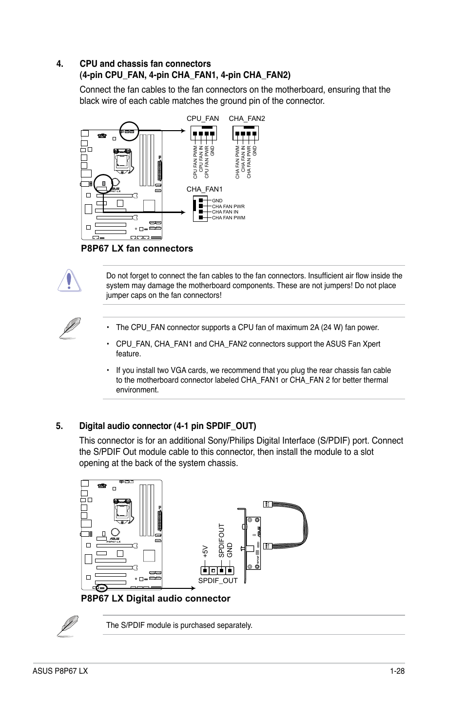 P8p67 lx fan connectors, P8p67 lx digital audio connector | Asus P8P67 LX User Manual | Page 39 / 77