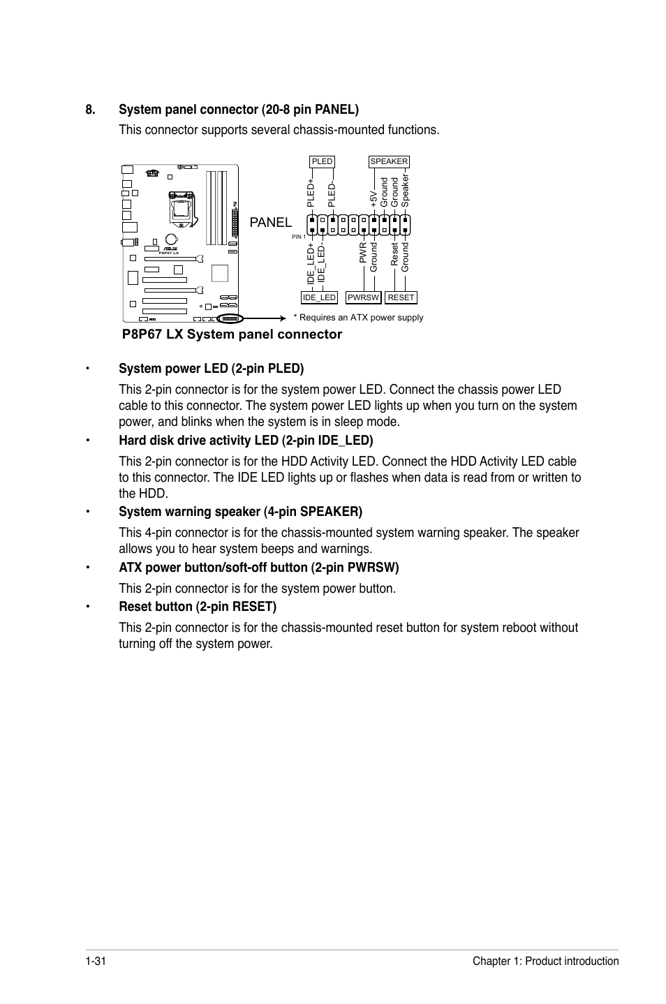 P8p67 lx system panel connector, Panel | Asus P8P67 LX User Manual | Page 42 / 77