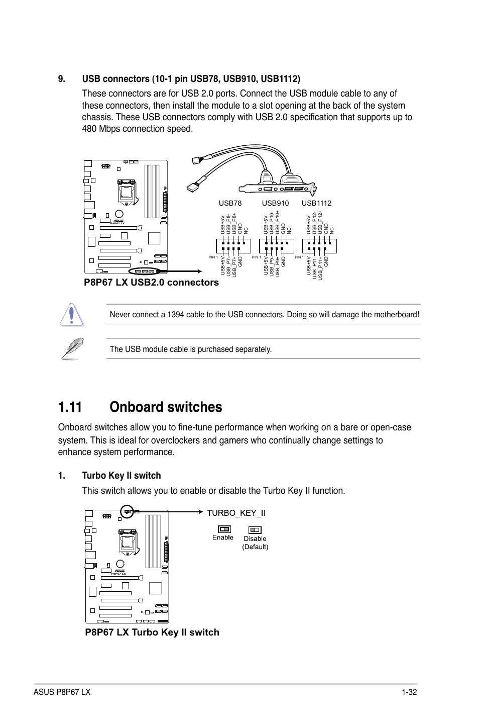 11 onboard switches, P8p67 lx turbo key ii switch | Asus P8P67 LX User Manual | Page 43 / 77