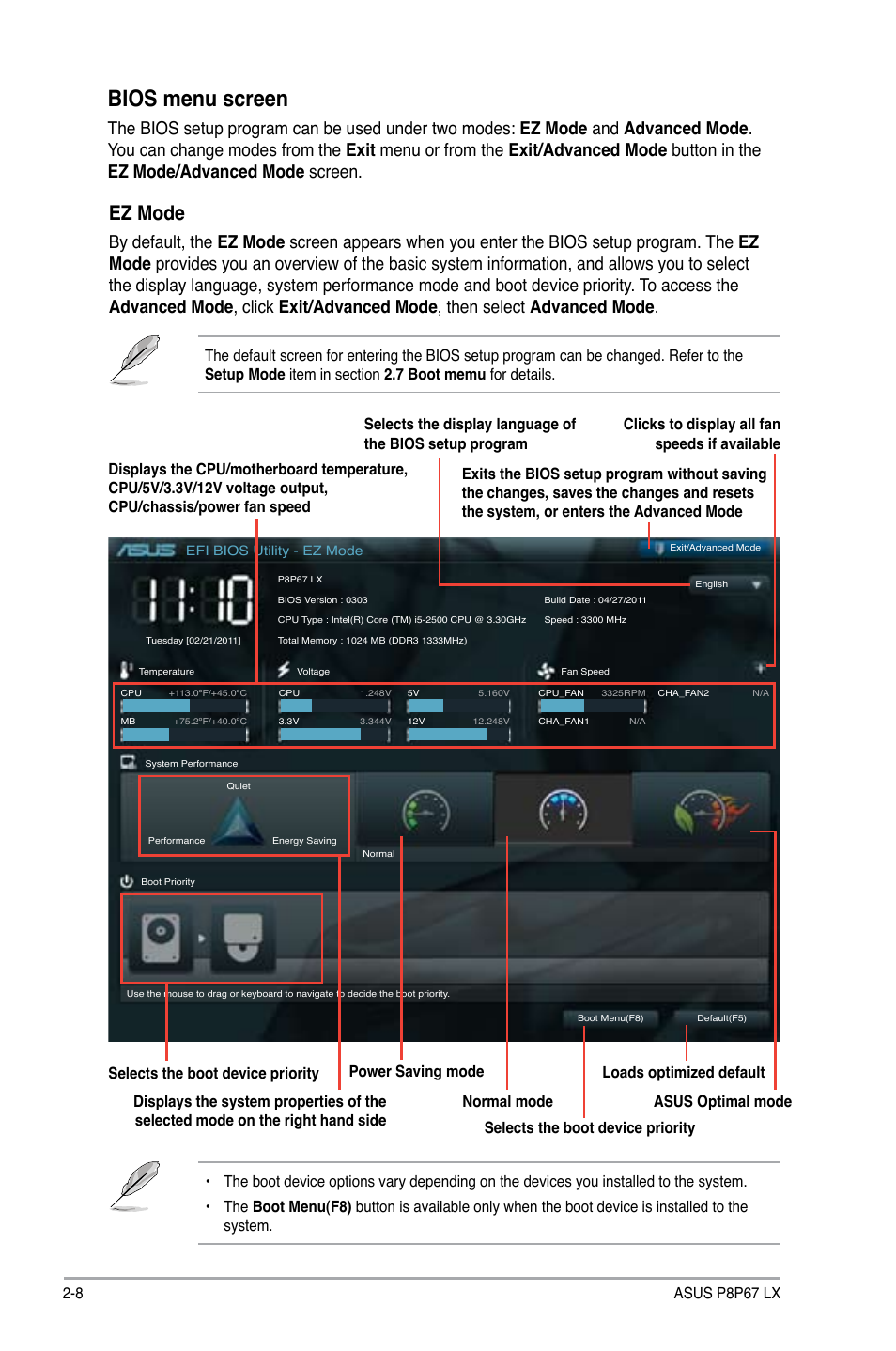 Bios menu screen, Ez mode, 8 asus p8p67 lx | Asus P8P67 LX User Manual | Page 55 / 77