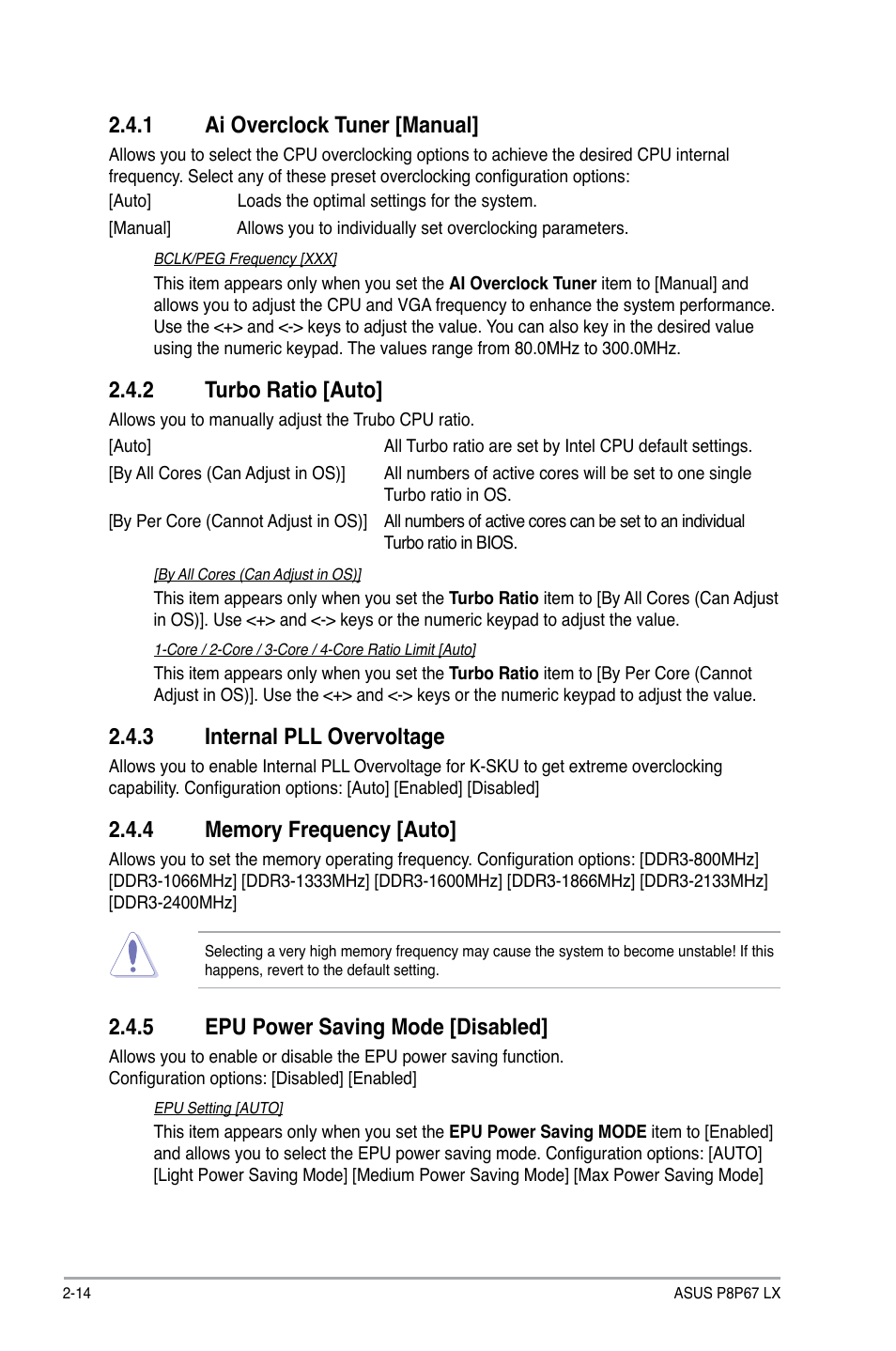 1 ai overclock tuner [manual, 2 turbo ratio [auto, 3 internal pll overvoltage | 5 epu power saving mode [disabled | Asus P8P67 LX User Manual | Page 61 / 77