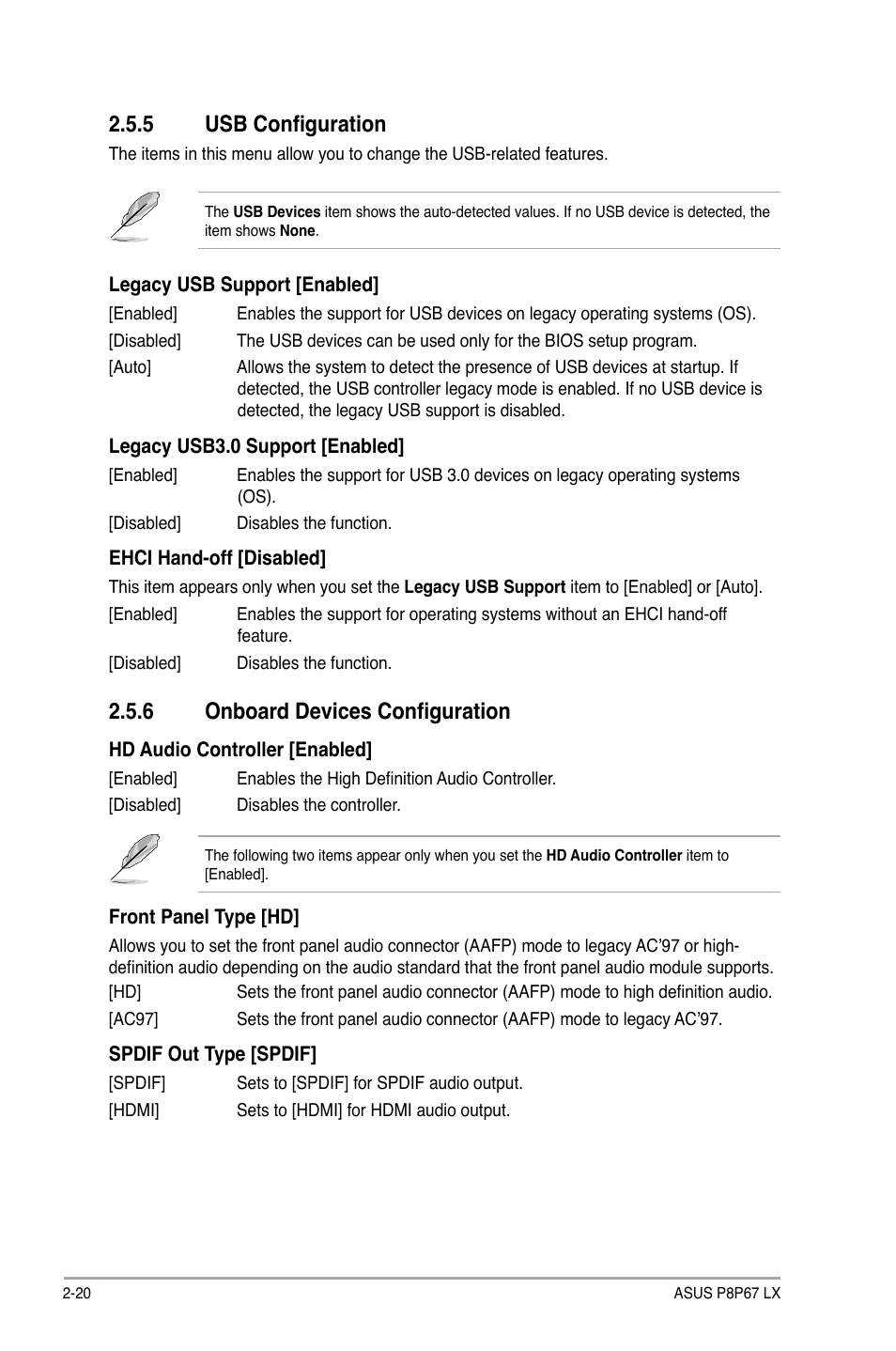 6 onboard devices configuration, 5 usb configuration | Asus P8P67 LX User Manual | Page 67 / 77