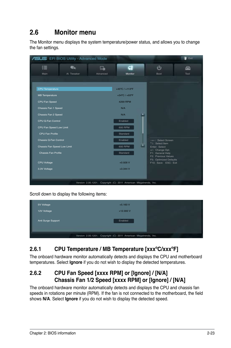 6 monitor menu, 1 cpu temperature / mb temperature [xxxºc/xxxºf, Chapter 2: bios information 2-23 | Asus P8P67 LX User Manual | Page 70 / 77