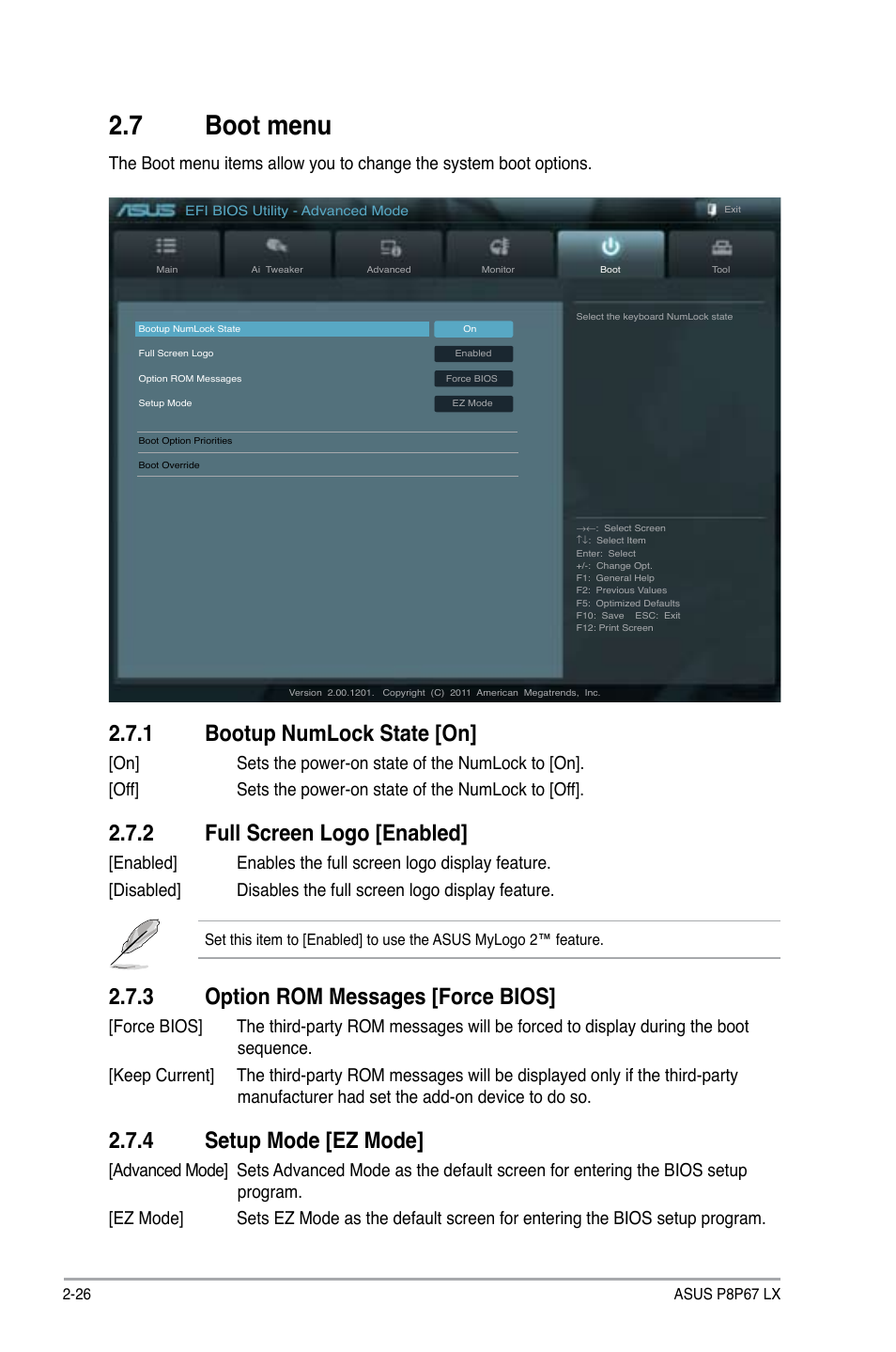 7 boot menu, 1 bootup numlock state [on, 2 full screen logo [enabled | 3 option rom messages [force bios, 4 setup mode [ez mode | Asus P8P67 LX User Manual | Page 73 / 77