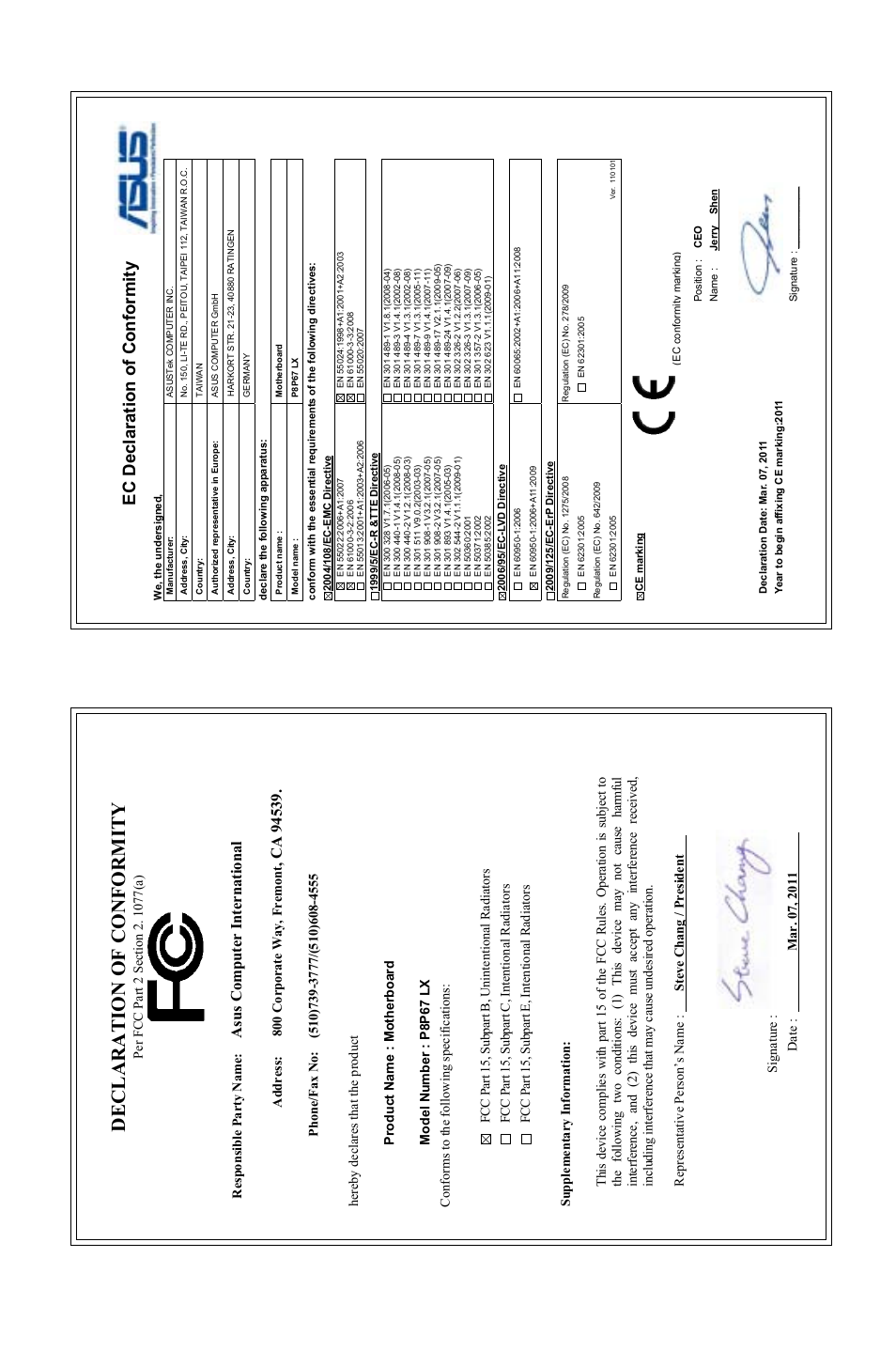 Declaration of conformity, Ec declaration of conformity, Asu s c om pu te r in te rn at io na l | Asus P8P67 LX User Manual | Page 77 / 77