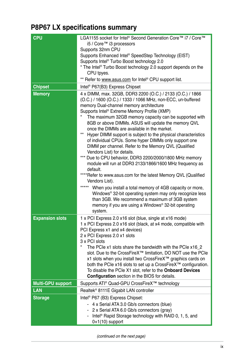 P8p67 lx specifications summary | Asus P8P67 LX User Manual | Page 9 / 77