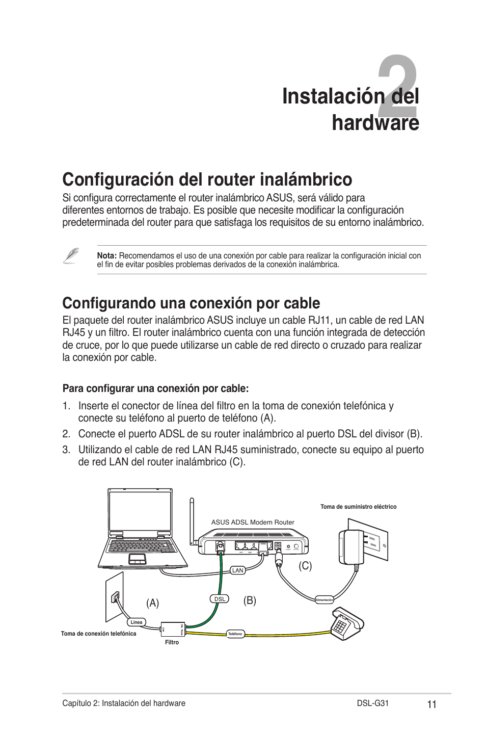 Instalación del hardware, Configuración del router inalámbrico, Configurando una conexión por cable | Asus DSL-G31 User Manual | Page 11 / 42