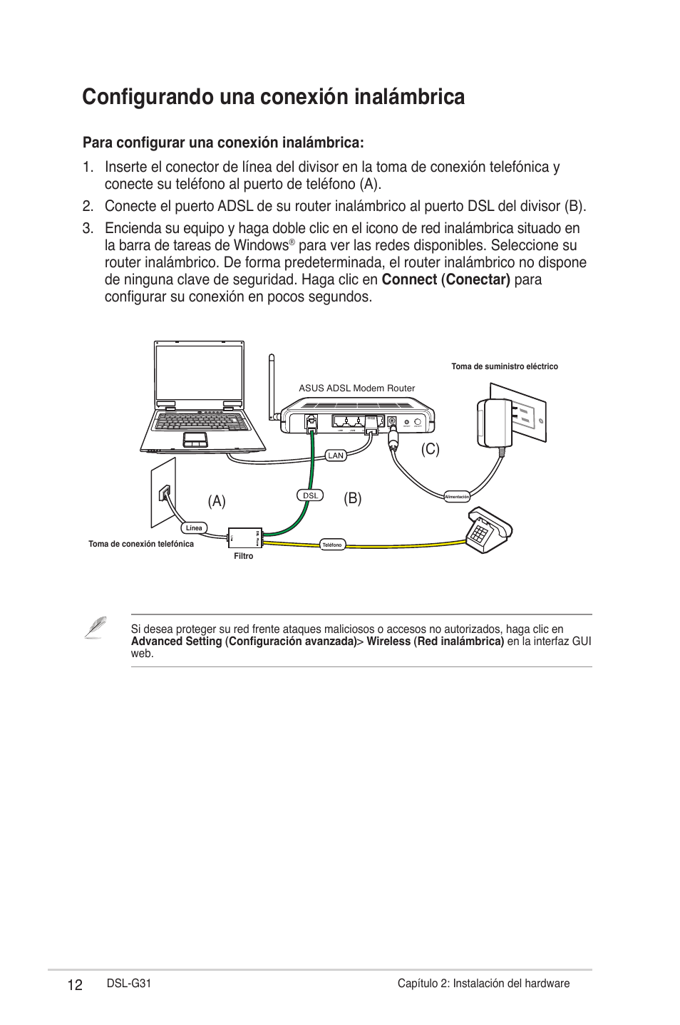 Configurando una conexión inalámbrica, A) (b) (c) | Asus DSL-G31 User Manual | Page 12 / 42