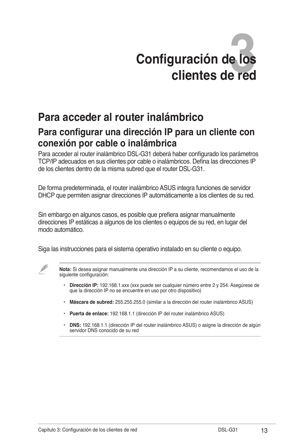 Configuración de los clientes de red, Para acceder al router inalámbrico | Asus DSL-G31 User Manual | Page 13 / 42