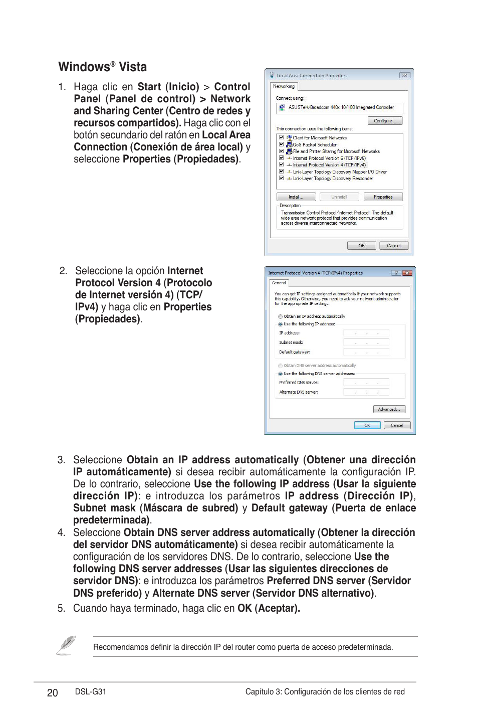 Windows, Vista | Asus DSL-G31 User Manual | Page 20 / 42