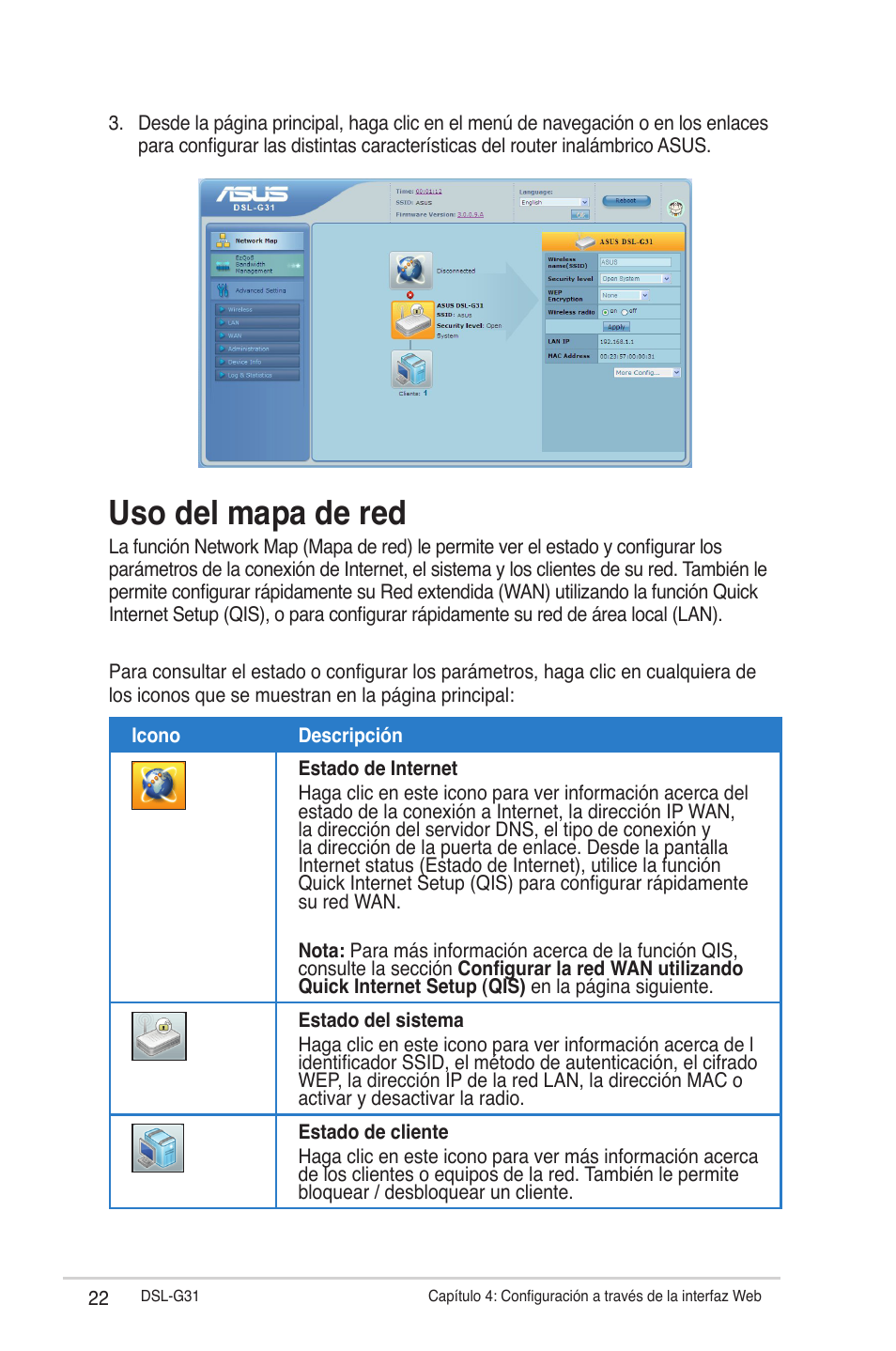 Uso del mapa de red | Asus DSL-G31 User Manual | Page 22 / 42