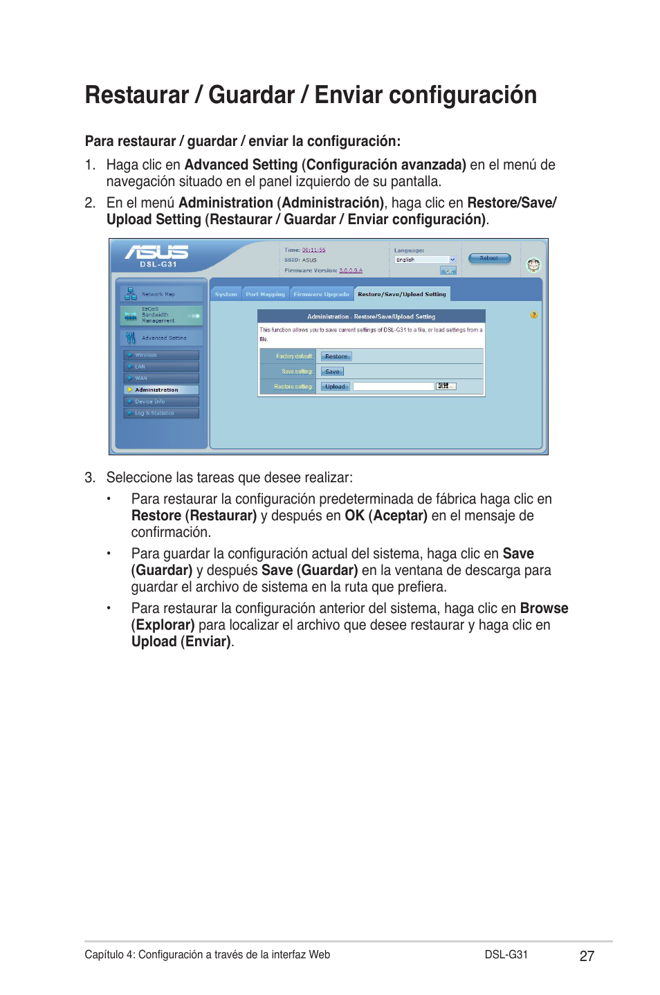 Restaurar / guardar / enviar configuración | Asus DSL-G31 User Manual | Page 27 / 42