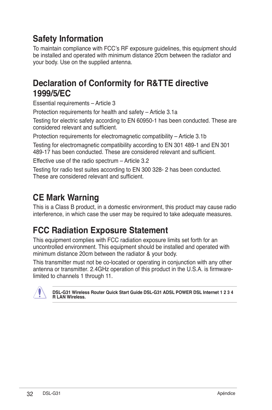Safety information, Ce mark warning, Fcc radiation exposure statement | Asus DSL-G31 User Manual | Page 32 / 42