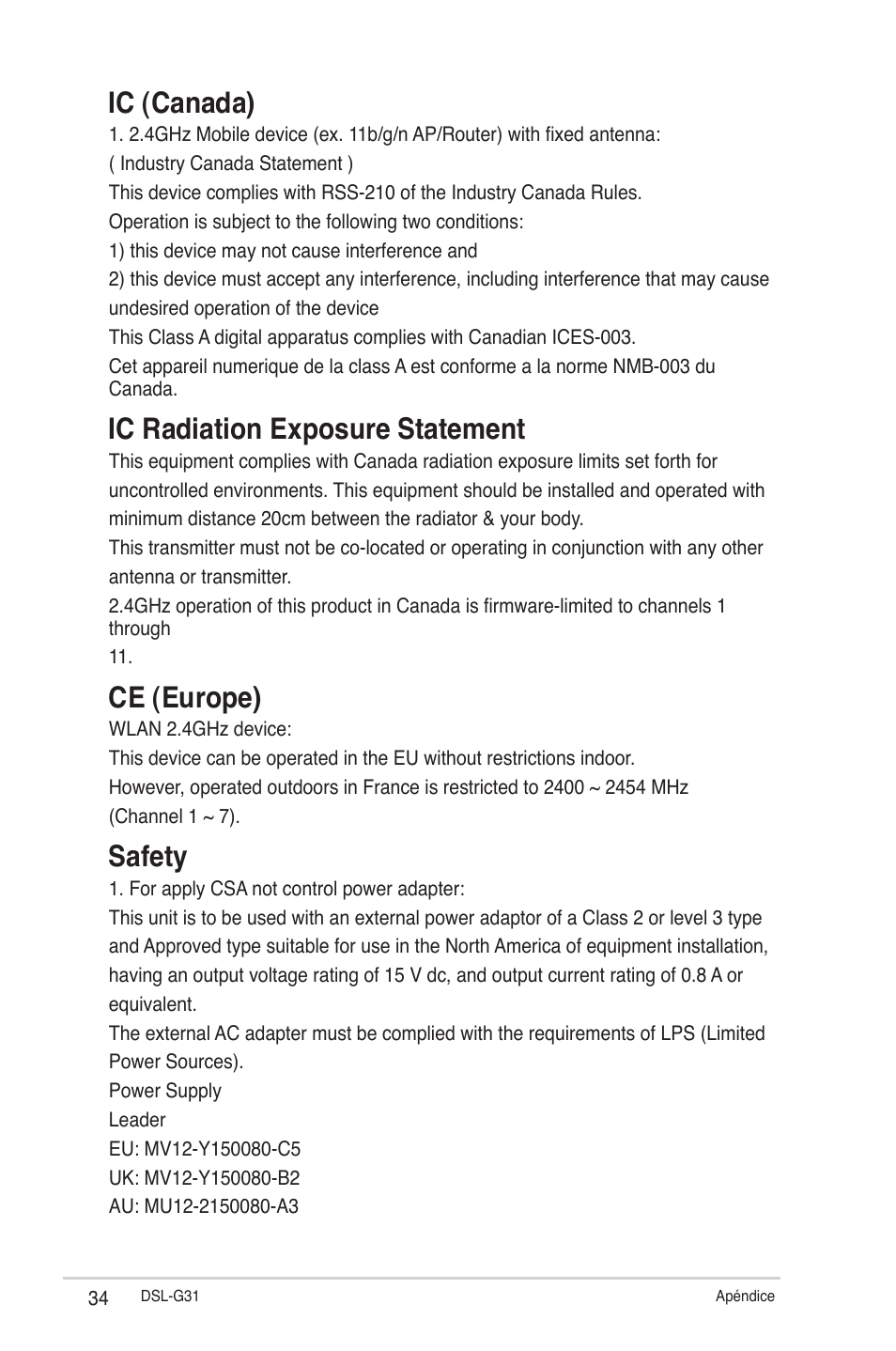 Ic (canada), Ic radiation exposure statement, Ce (europe) | Safety | Asus DSL-G31 User Manual | Page 34 / 42