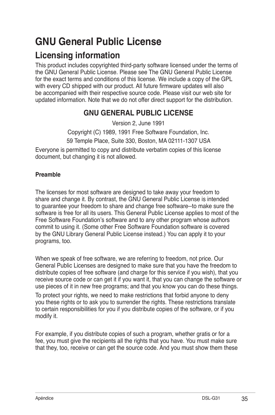 Gnu general public license, Licensing information | Asus DSL-G31 User Manual | Page 35 / 42