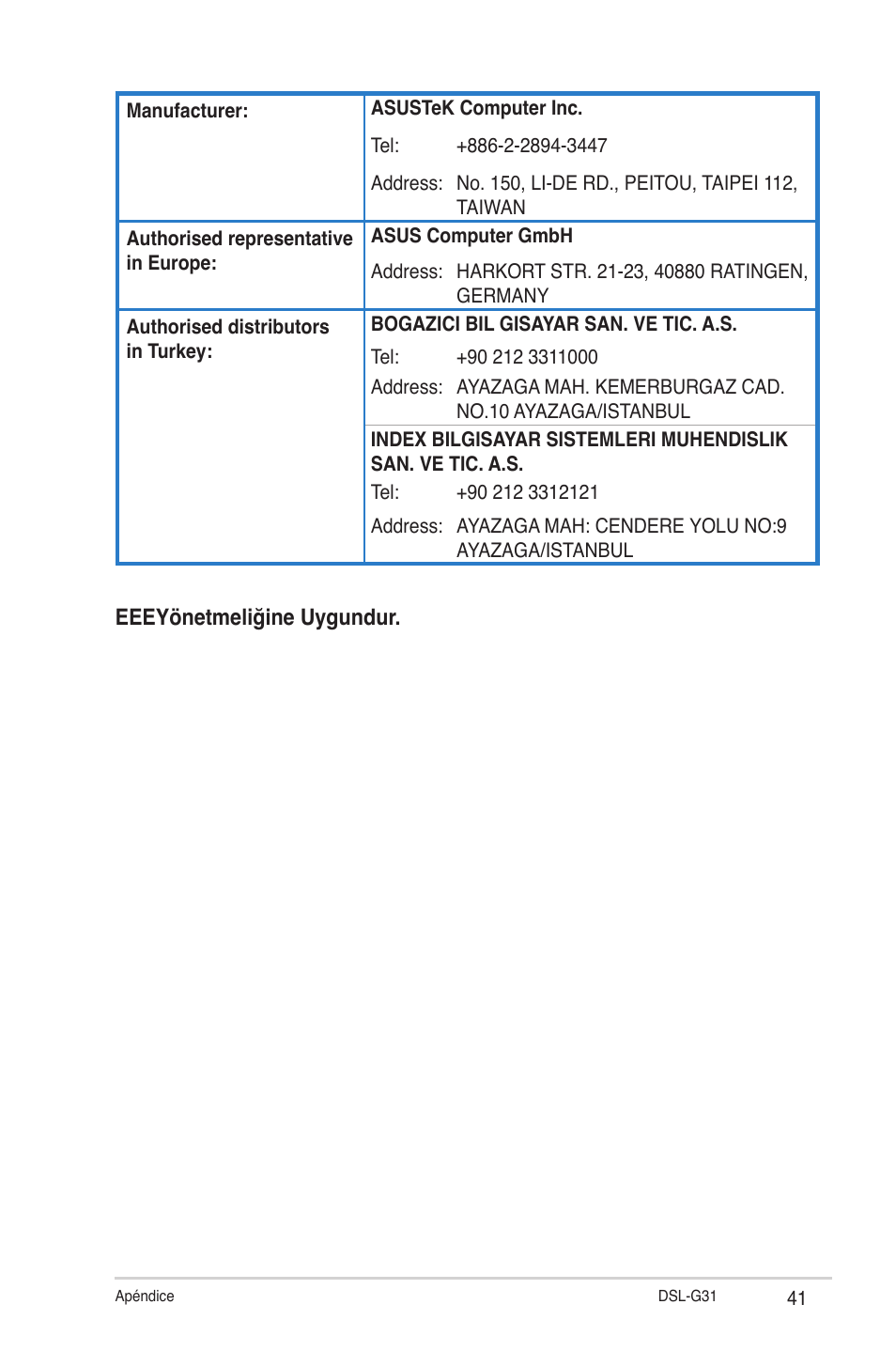 Eeeyönetmeliğine uygundur | Asus DSL-G31 User Manual | Page 41 / 42