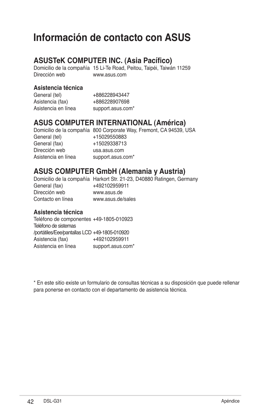 Información de contacto con asus, Asustek computer inc. (asia pacífico), Asus computer international (américa) | Asus computer gmbh (alemania y austria) | Asus DSL-G31 User Manual | Page 42 / 42