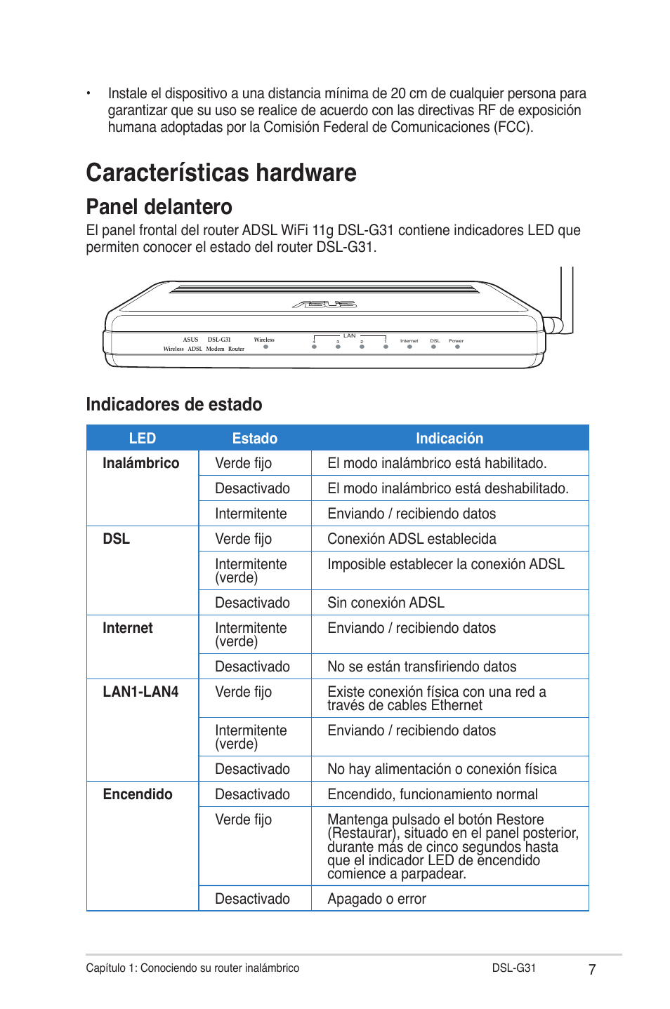 Características hardware, Panel delantero, Indicadores de estado | Asus DSL-G31 User Manual | Page 7 / 42