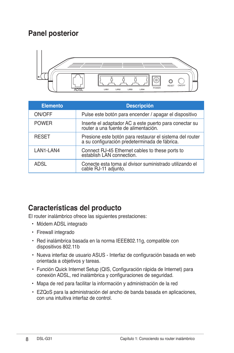 Panel posterior características del producto | Asus DSL-G31 User Manual | Page 8 / 42
