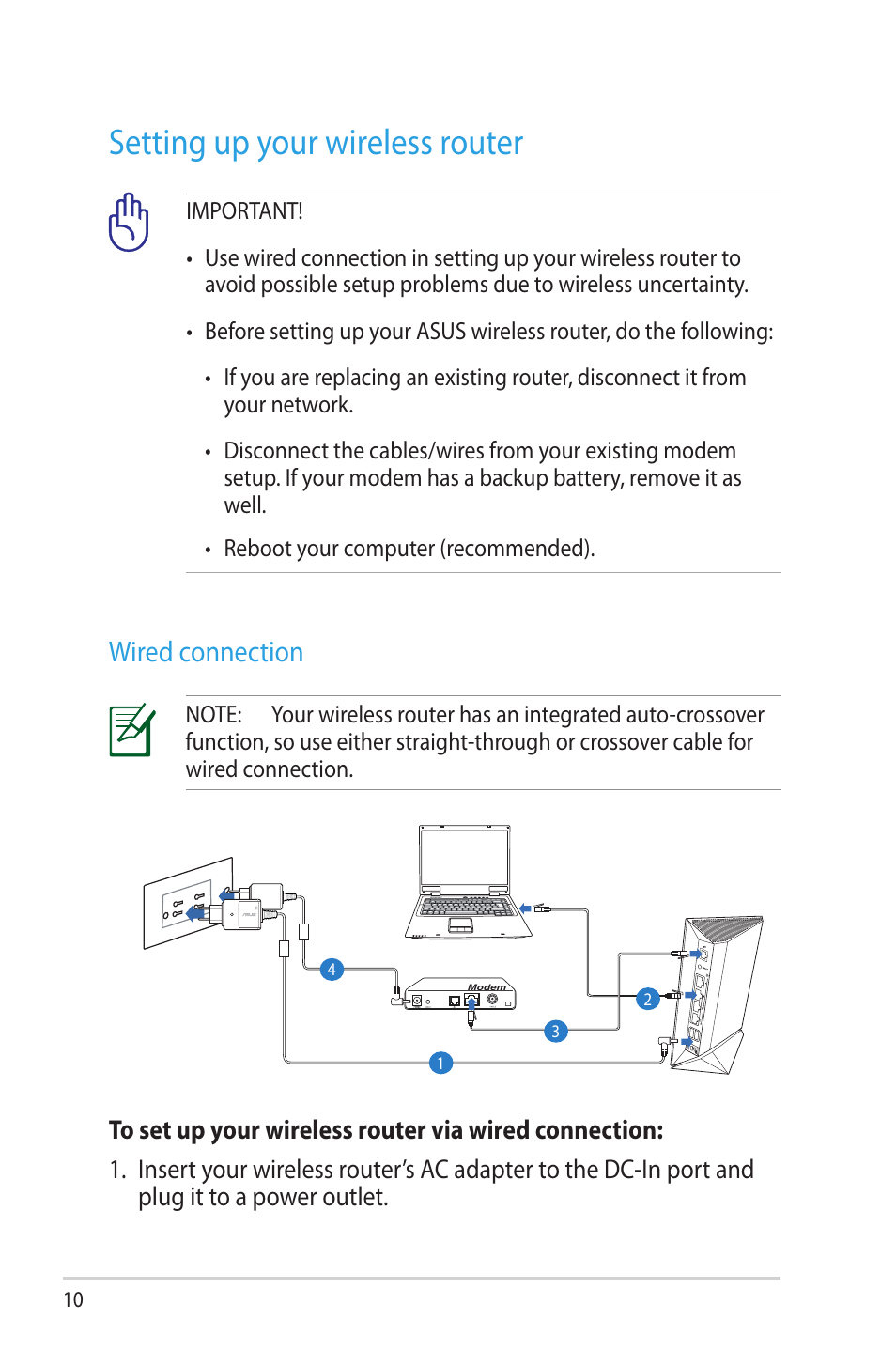 Setting up your wireless router, Wired connection | Asus RT-N65U User Manual | Page 10 / 70
