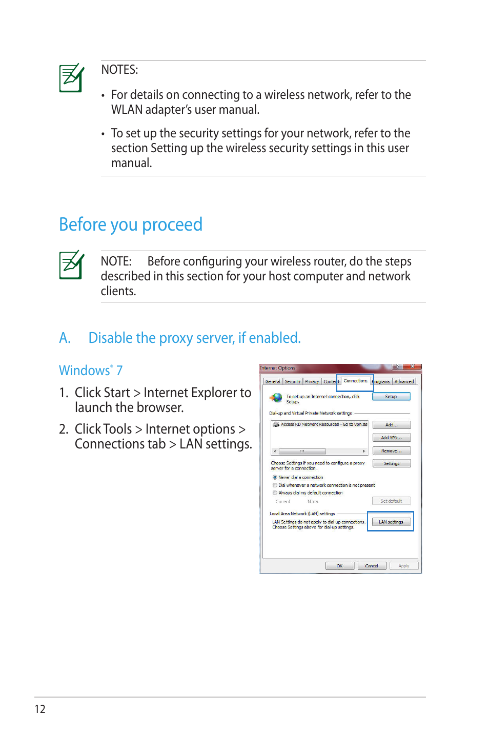 Before you proceed, A. disable the proxy server, if enabled | Asus RT-N65U User Manual | Page 12 / 70