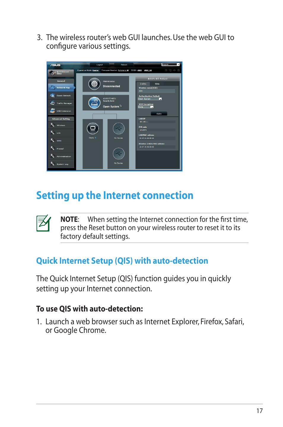 Setting up the internet connection, Quick internet setup (qis) with auto-detection | Asus RT-N65U User Manual | Page 17 / 70