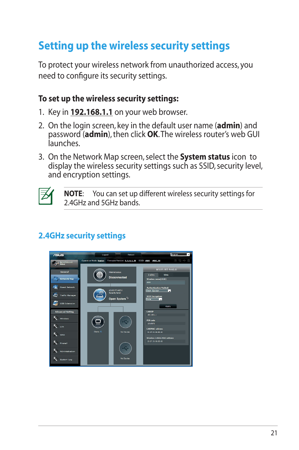 Setting up the wireless security settings | Asus RT-N65U User Manual | Page 21 / 70