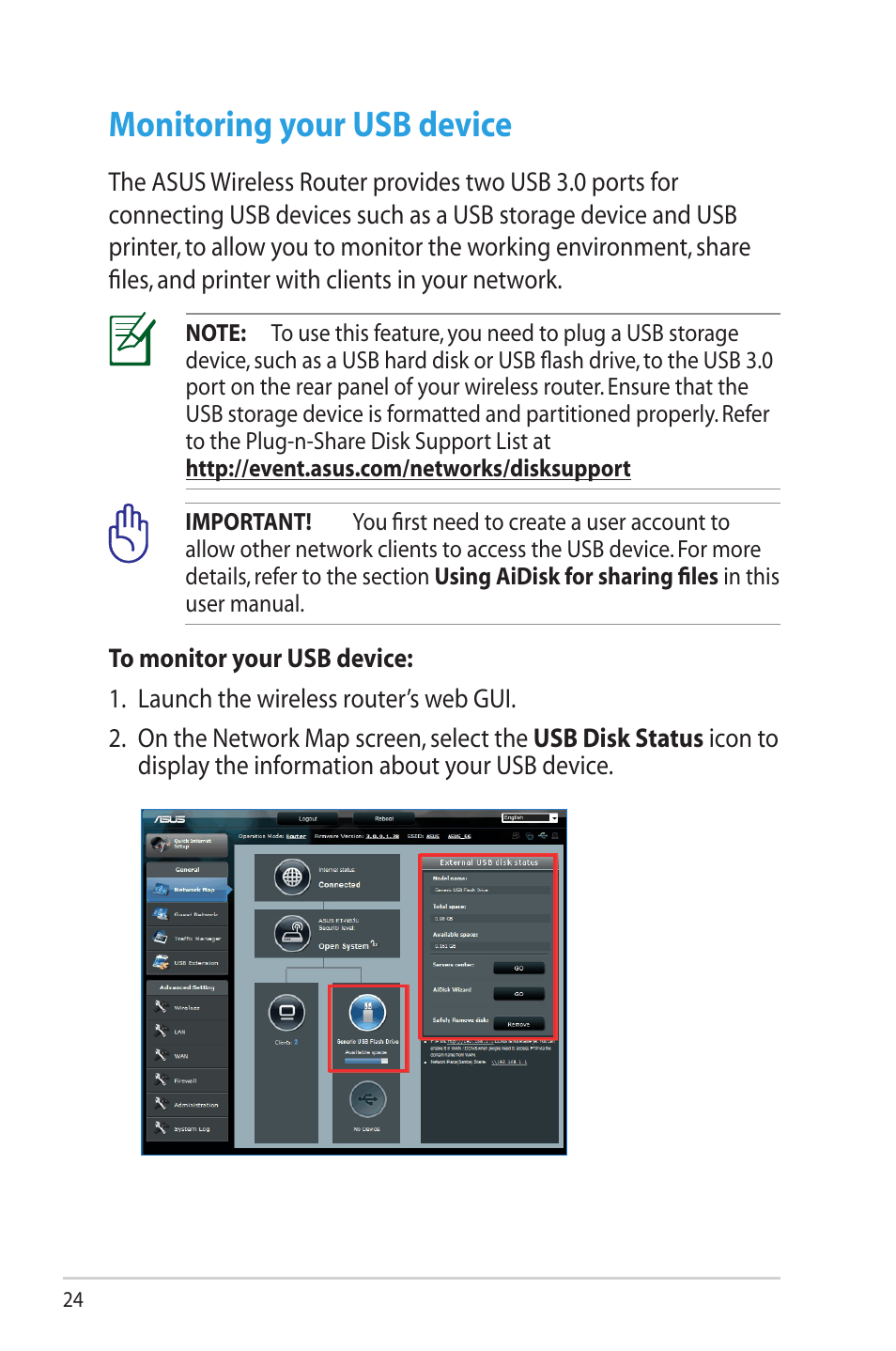 Monitoring your usb device | Asus RT-N65U User Manual | Page 24 / 70