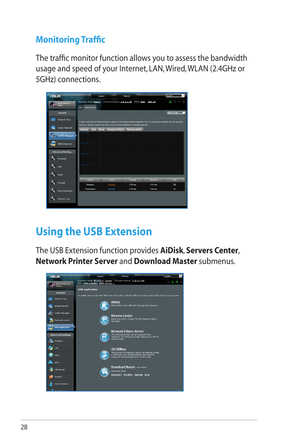 Monitoring traffic, Using the usb extension | Asus RT-N65U User Manual | Page 28 / 70