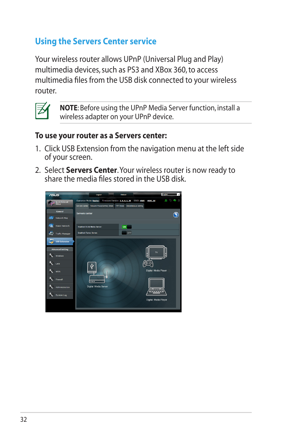 Using the servers center service | Asus RT-N65U User Manual | Page 32 / 70