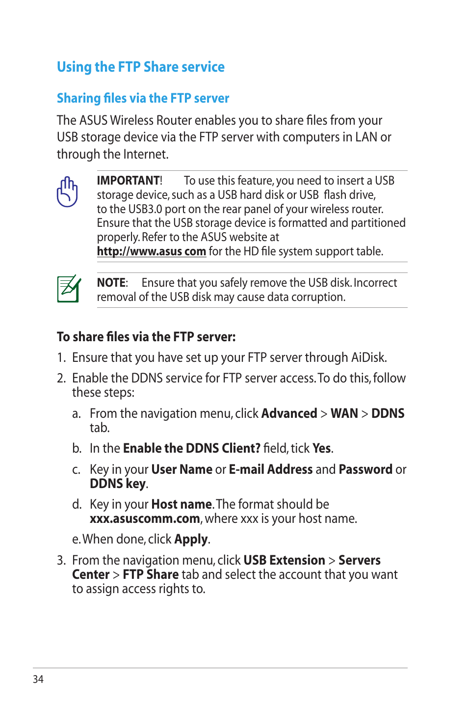 Using the ftp share service | Asus RT-N65U User Manual | Page 34 / 70