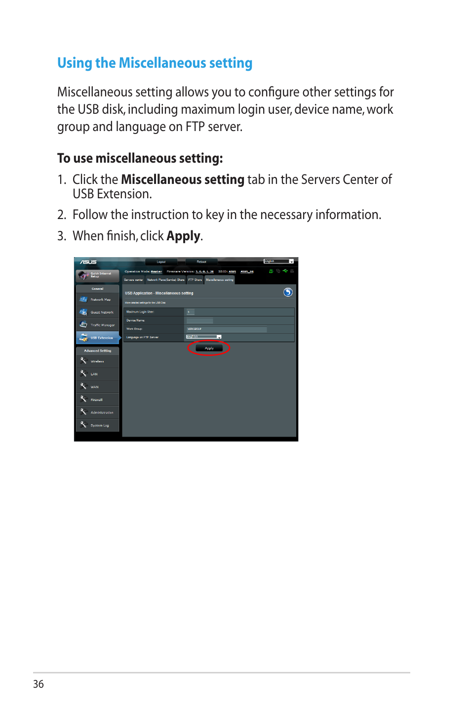 Using the miscellaneous setting | Asus RT-N65U User Manual | Page 36 / 70