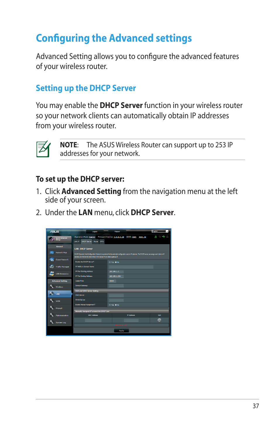 Configuring the advanced settings, Setting up the dhcp server | Asus RT-N65U User Manual | Page 37 / 70