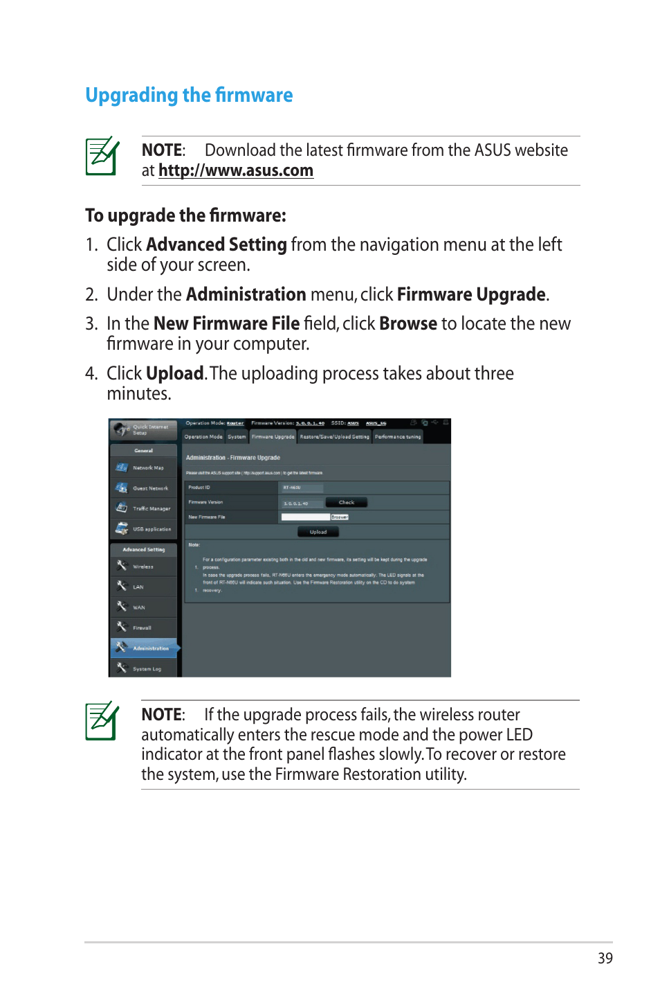 Upgrading the firmware | Asus RT-N65U User Manual | Page 39 / 70