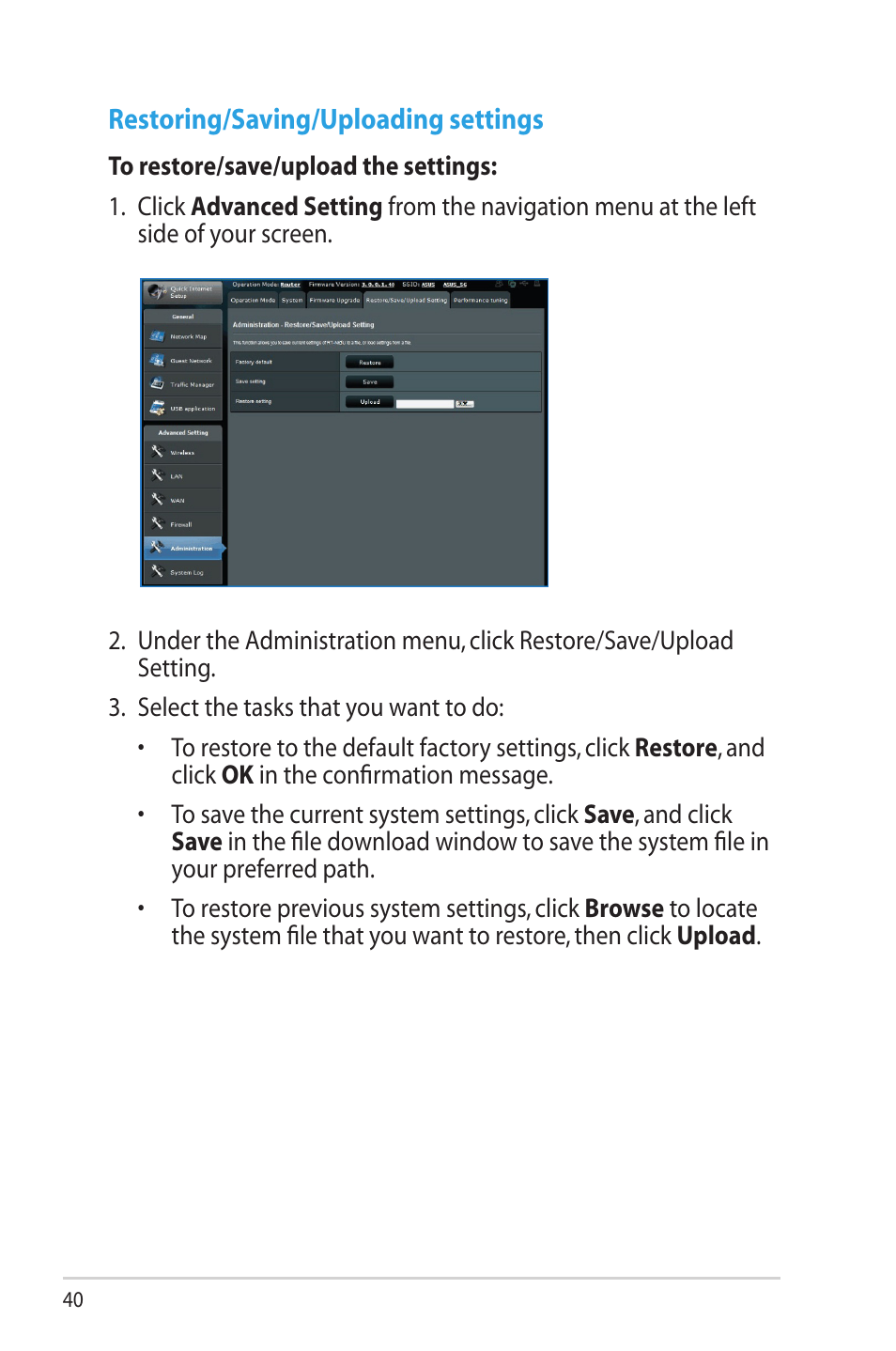 Restoring/saving/uploading settings | Asus RT-N65U User Manual | Page 40 / 70