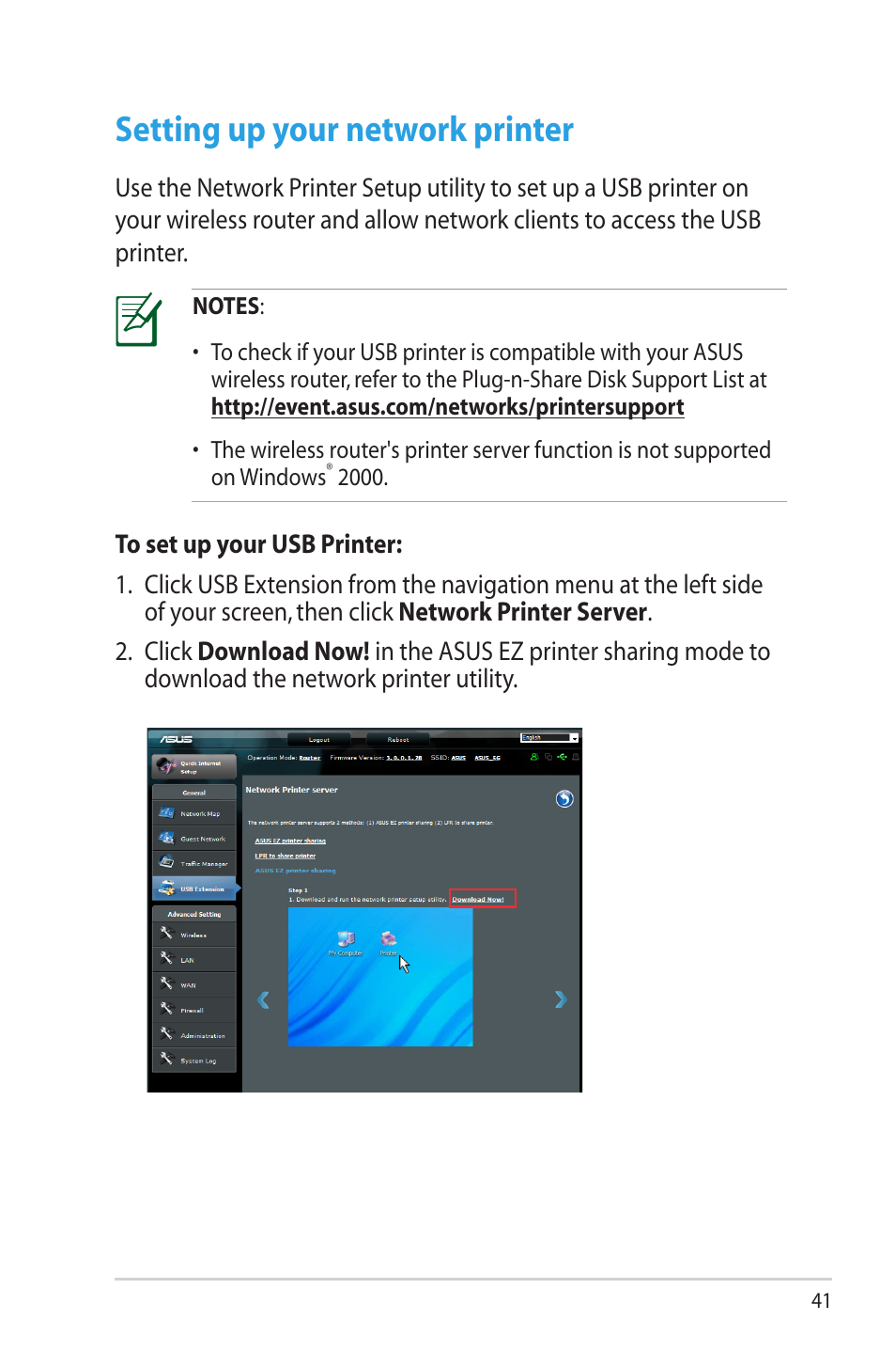 Setting up your network printer | Asus RT-N65U User Manual | Page 41 / 70