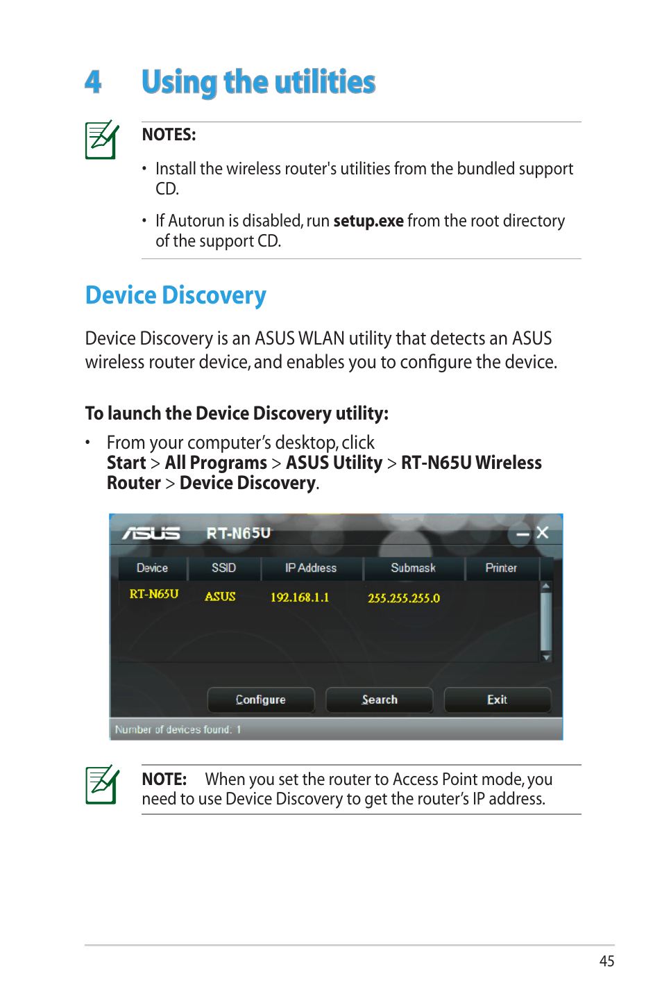 4 using the utilities, Device discovery | Asus RT-N65U User Manual | Page 45 / 70