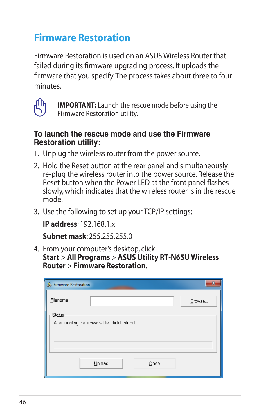 Firmware restoration | Asus RT-N65U User Manual | Page 46 / 70