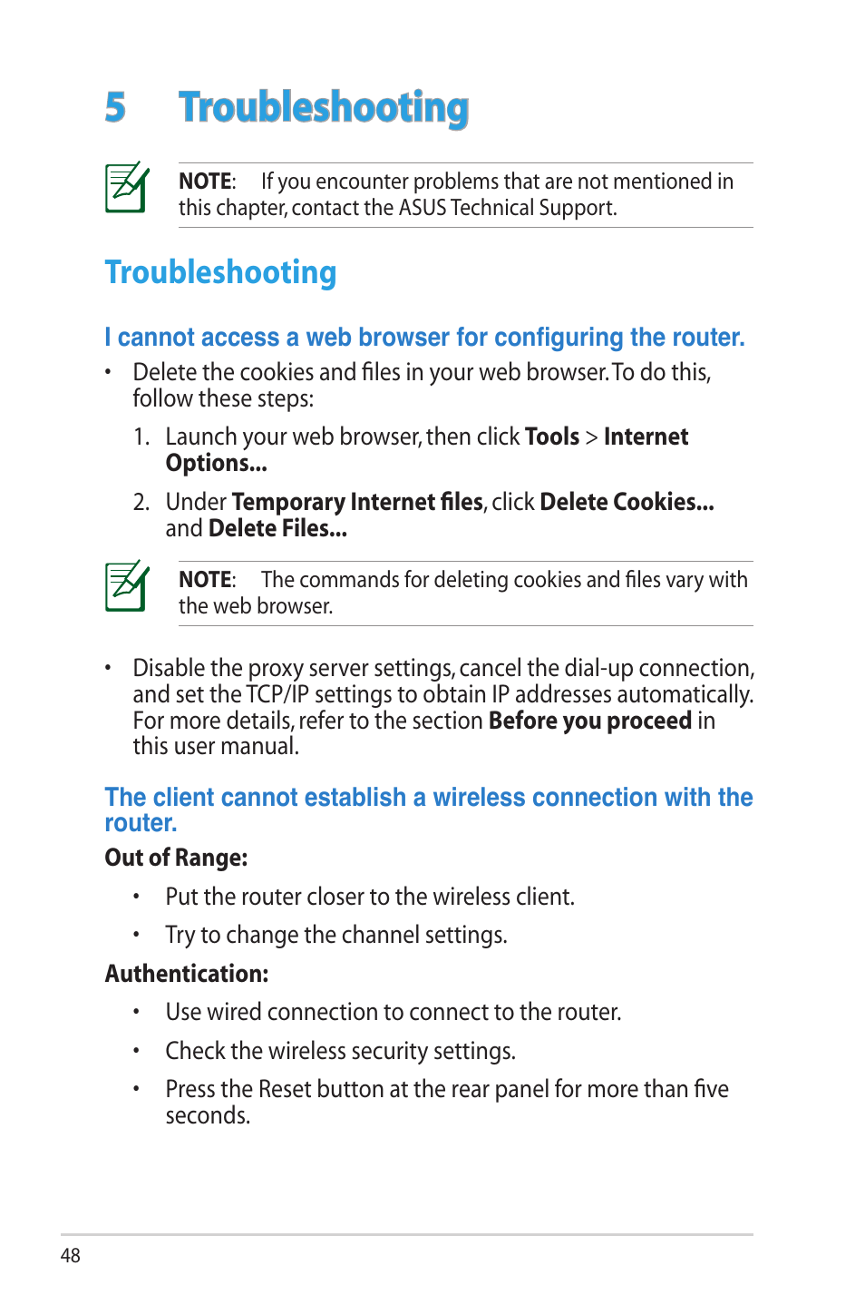 5 troubleshooting, Troubleshooting | Asus RT-N65U User Manual | Page 48 / 70