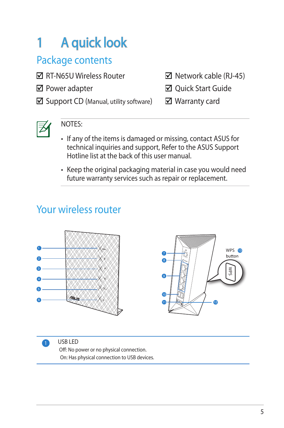 1 a quick look, Package contents, Your wireless router | Package contents your wireless router, Your wireless router package contents, Warranty card, Manual, utility software | Asus RT-N65U User Manual | Page 5 / 70