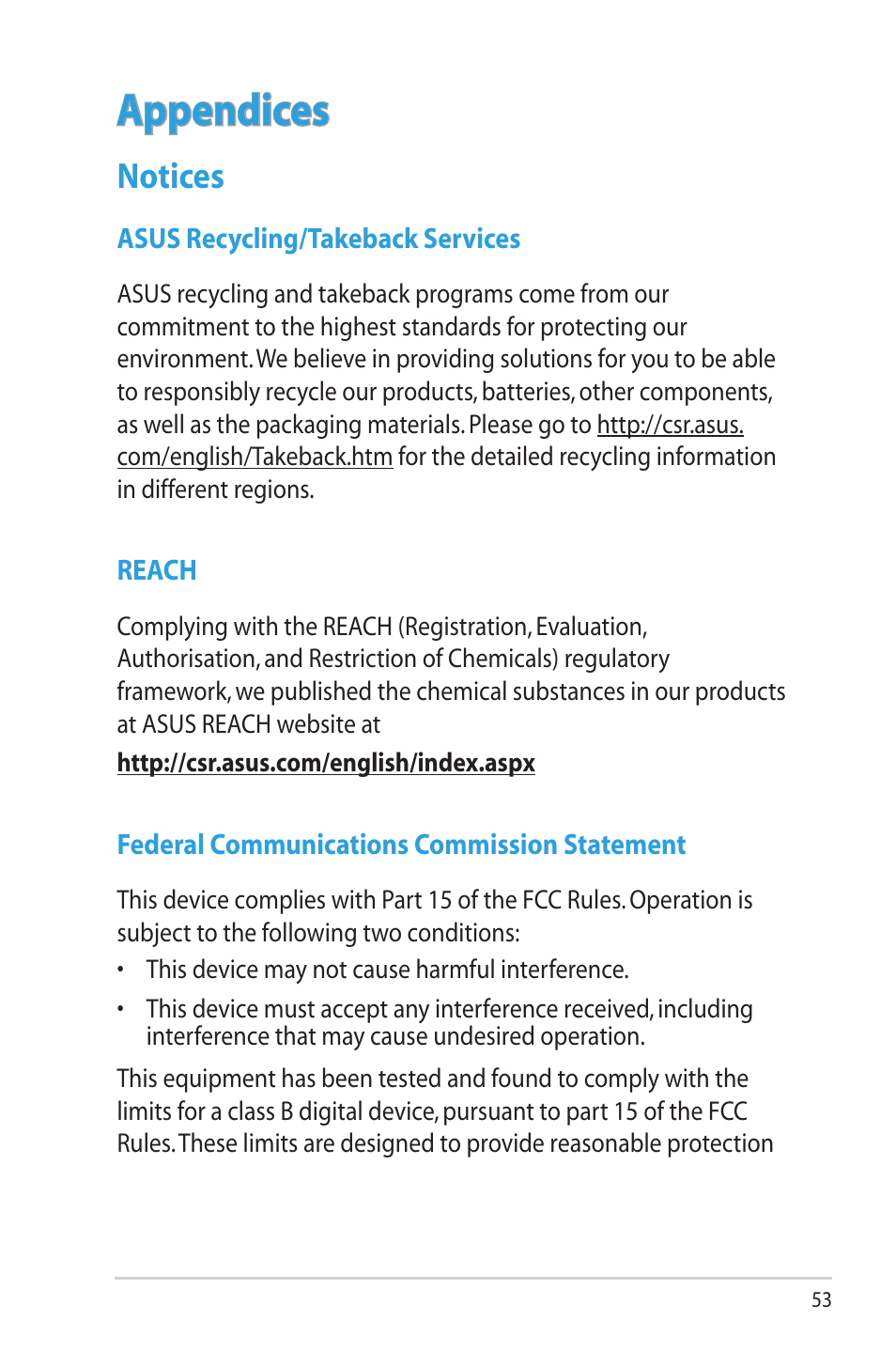 Appendices, Notices | Asus RT-N65U User Manual | Page 53 / 70