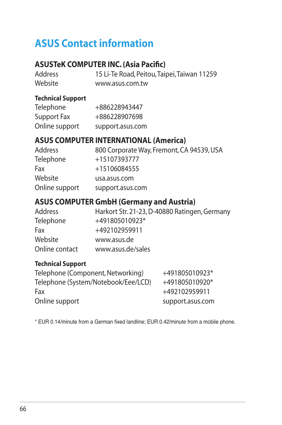 Asus contact information | Asus RT-N65U User Manual | Page 66 / 70