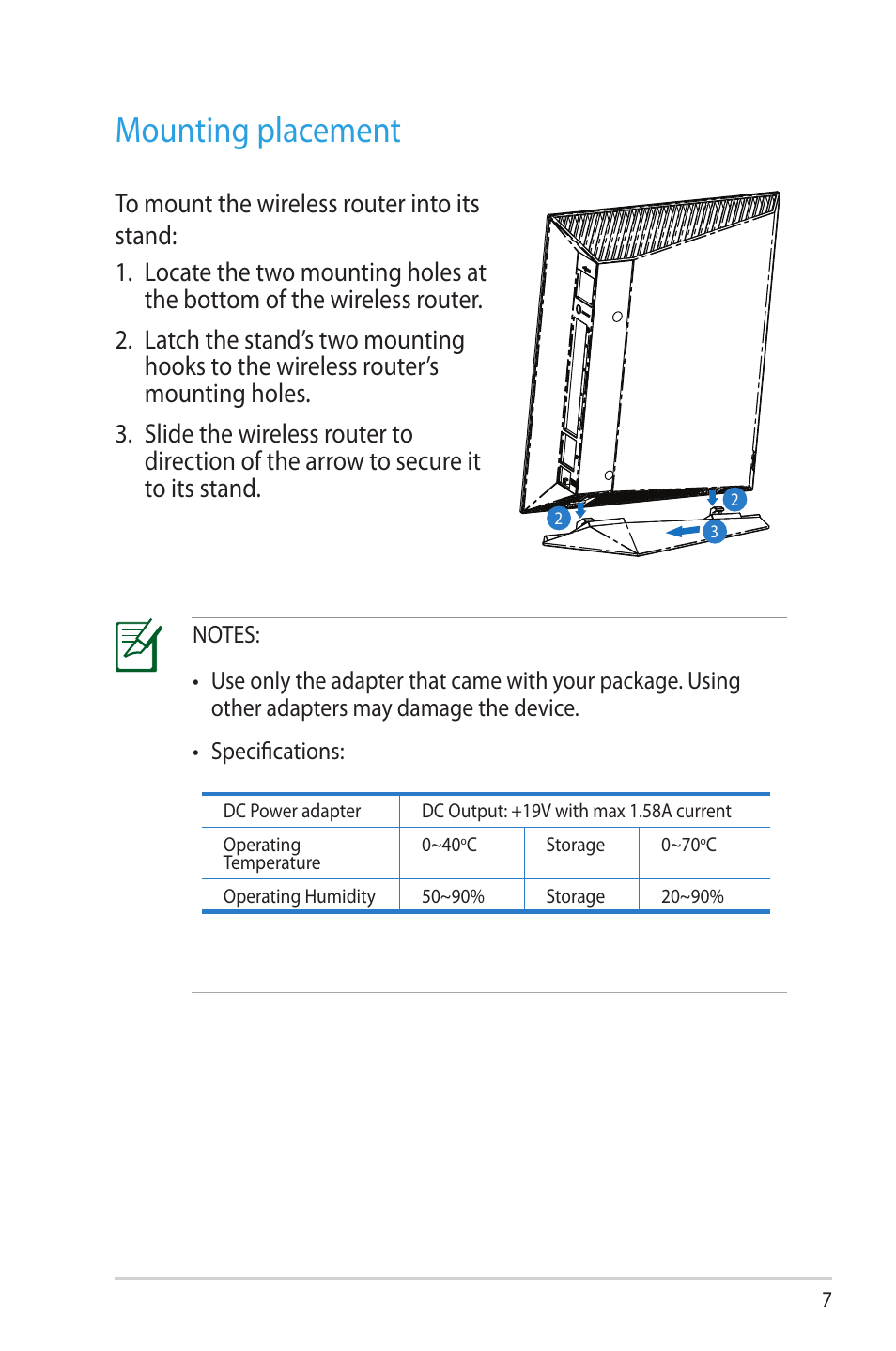 Mounting placement | Asus RT-N65U User Manual | Page 7 / 70