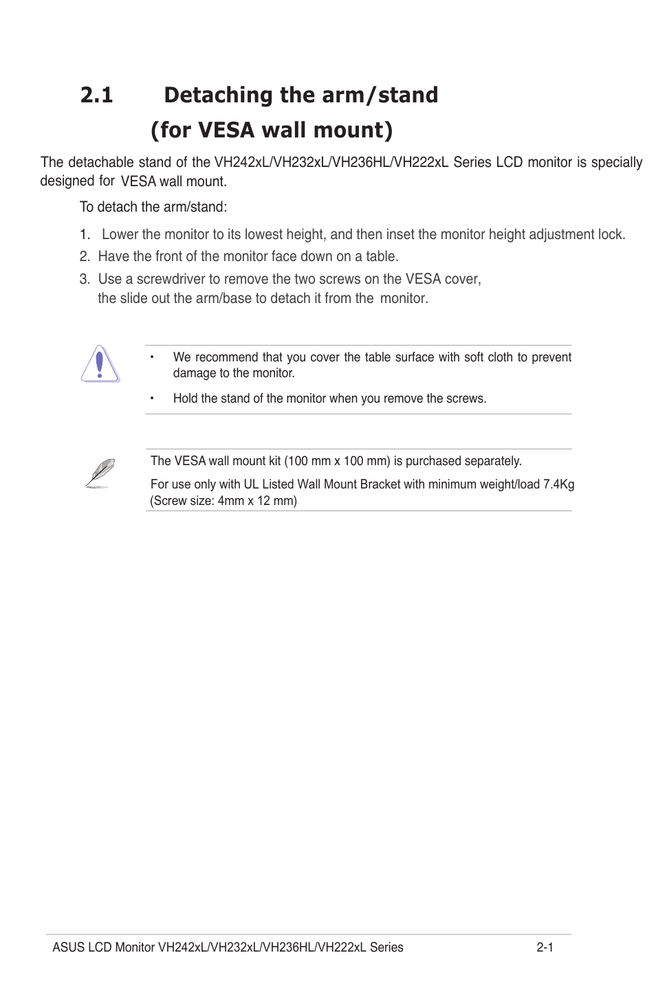 1 detaching the arm/stand (for vesa wall mount) | Asus VH242TL User Manual | Page 13 / 23