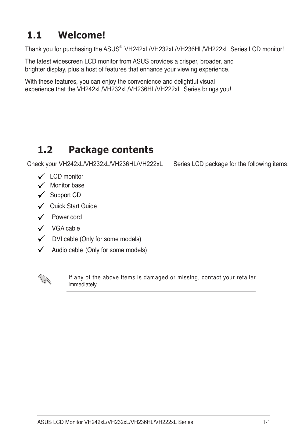 1 welcome, 2 package contents | Asus VH242TL User Manual | Page 7 / 23