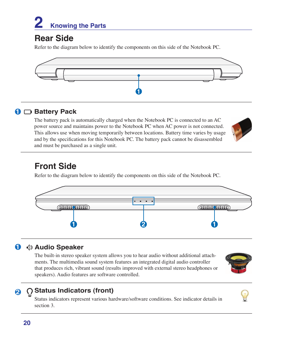 Rear side, Front side | Asus UL30VT User Manual | Page 20 / 82