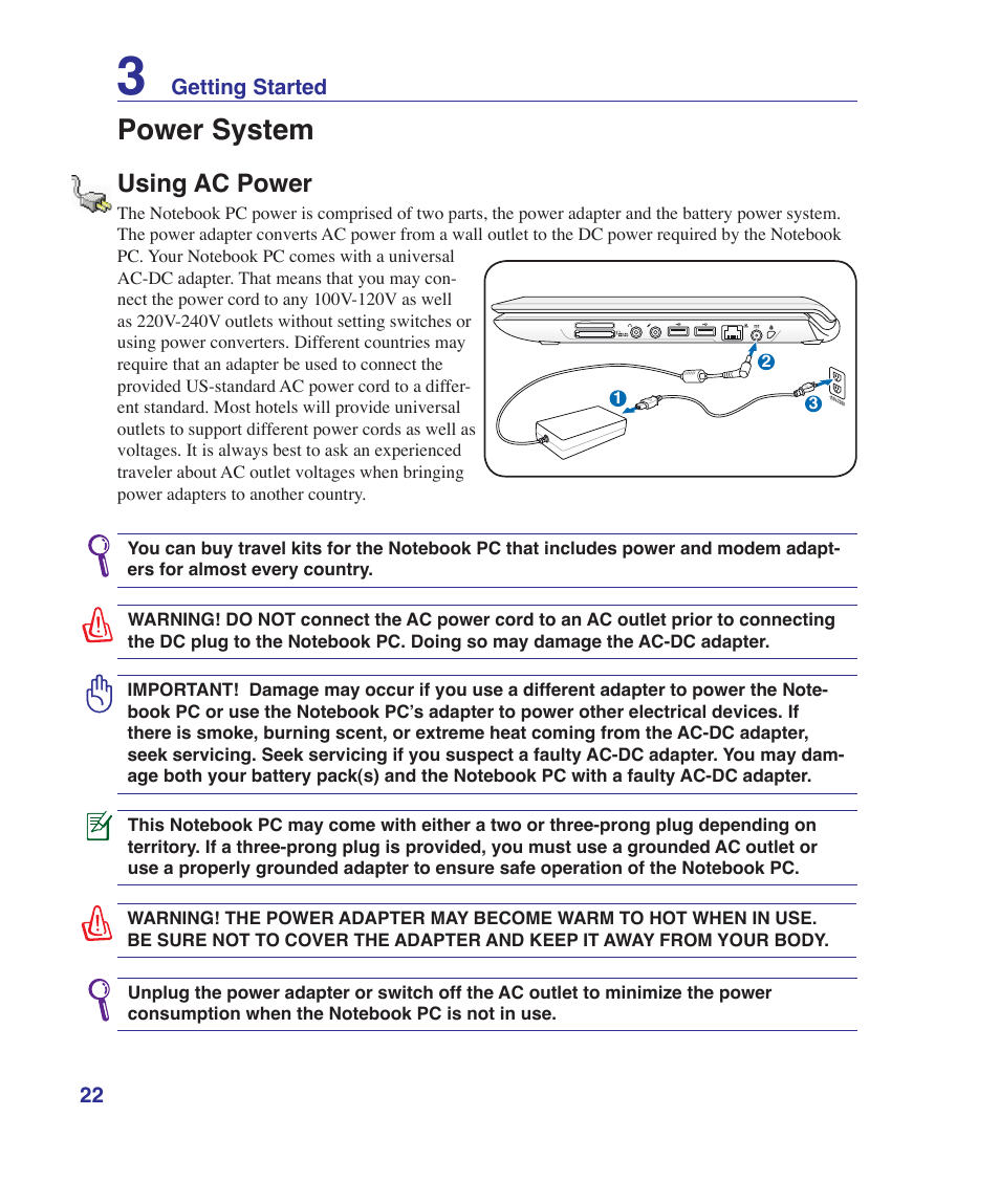 Power system, Using ac power | Asus UL30VT User Manual | Page 22 / 82