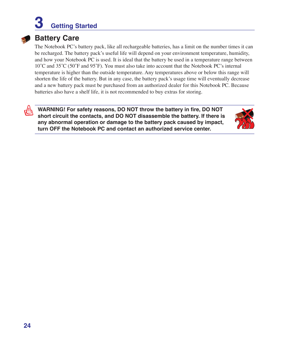 Battery care | Asus UL30VT User Manual | Page 24 / 82