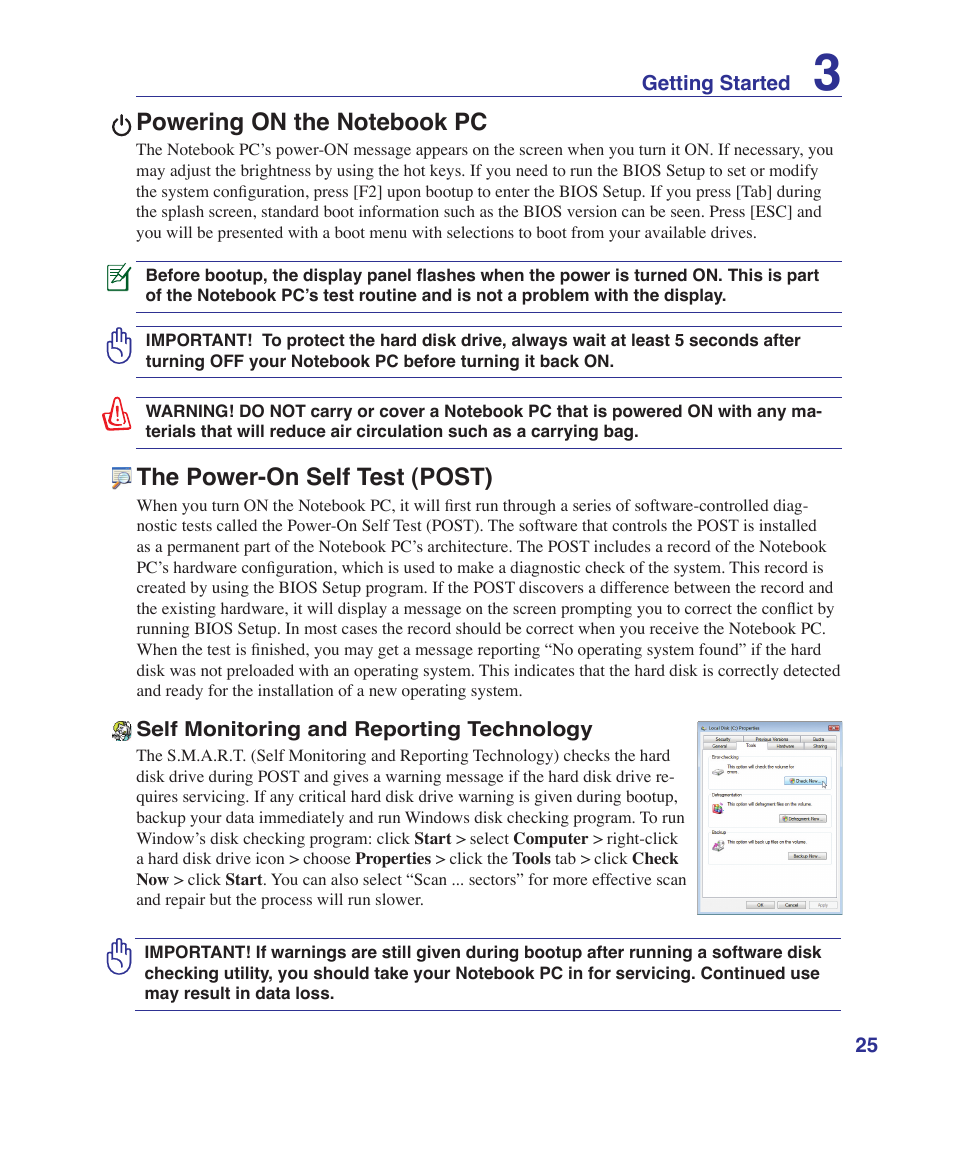 Powering on the notebook pc, The power-on self test (post) | Asus UL30VT User Manual | Page 25 / 82